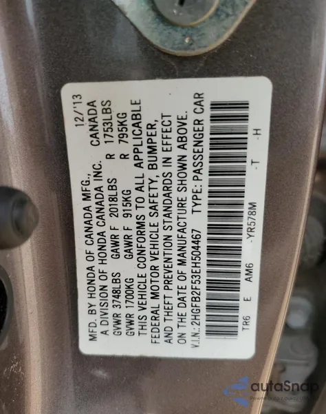 2014 Honda Civic Lx from USA, damaged, VIN 2HGFB2F53EH504467